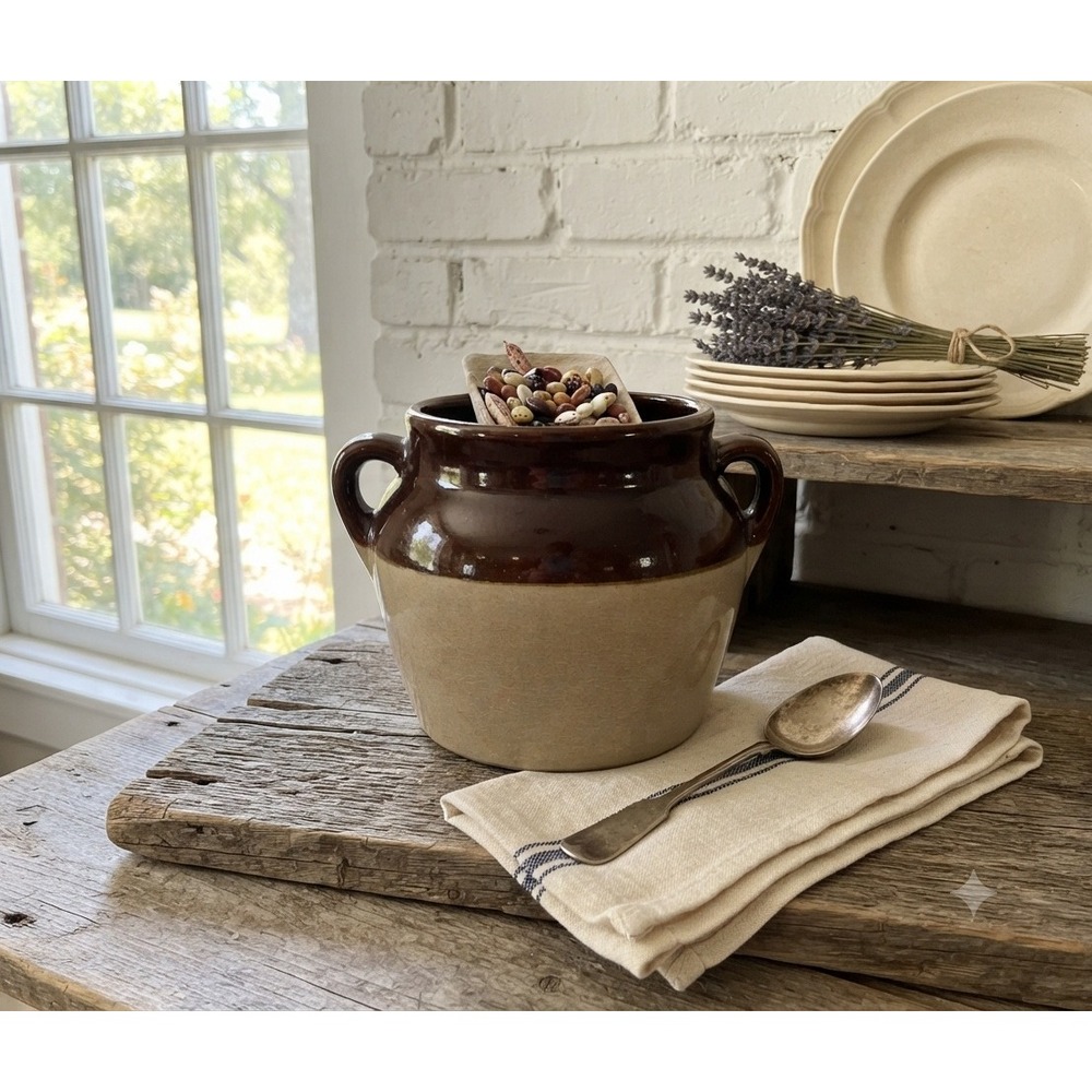 Western Stoneware Maple Leaf Bean Pot Vintage Brown Tan Two Tone Crock 4in